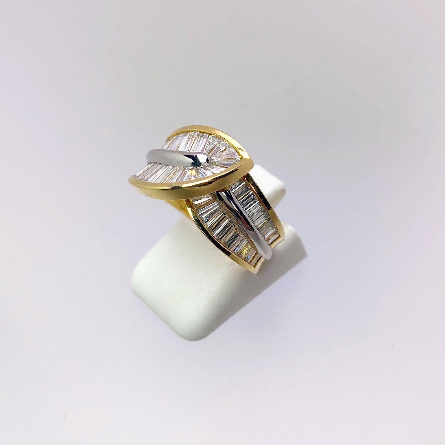 Baguette Cut Nova 18 Karat Yellow Gold and Platinum 2.75 Carat Diamond Baguette Ring For Sale