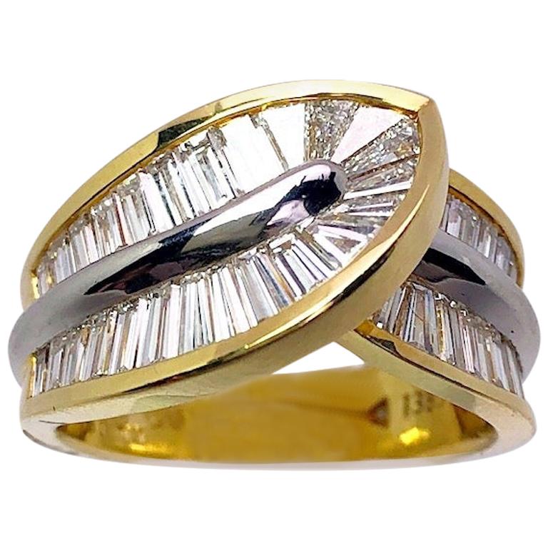 Nova 18 Karat Yellow Gold and Platinum 2.75 Carat Diamond Baguette Ring For Sale