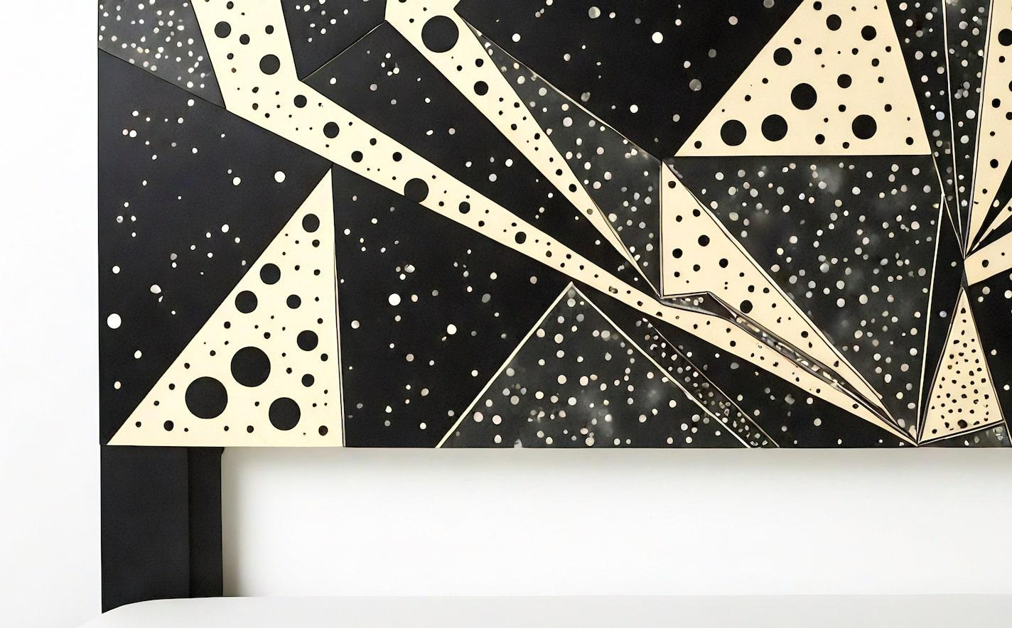 Introduce a statement of modern sophistication with our handcrafted Art Deco-inspired Nova Arc headboard. This stunning piece features an intricate arrangement of bold geometric forms, sharp angles, and abstract motifs influenced by Cubist artistry.
