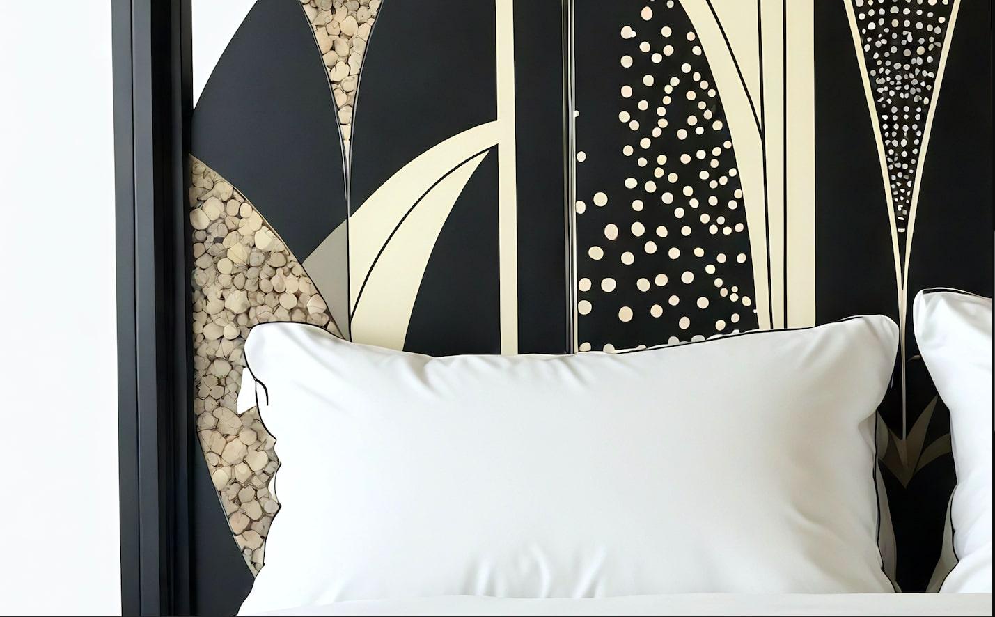 Introduce a statement of modern sophistication with our handcrafted Art Deco-inspired Love Arc headboard. This stunning piece features an intricate arrangement of bold geometric forms, sharp angles, and abstract motifs influenced by Cubist artistry.
