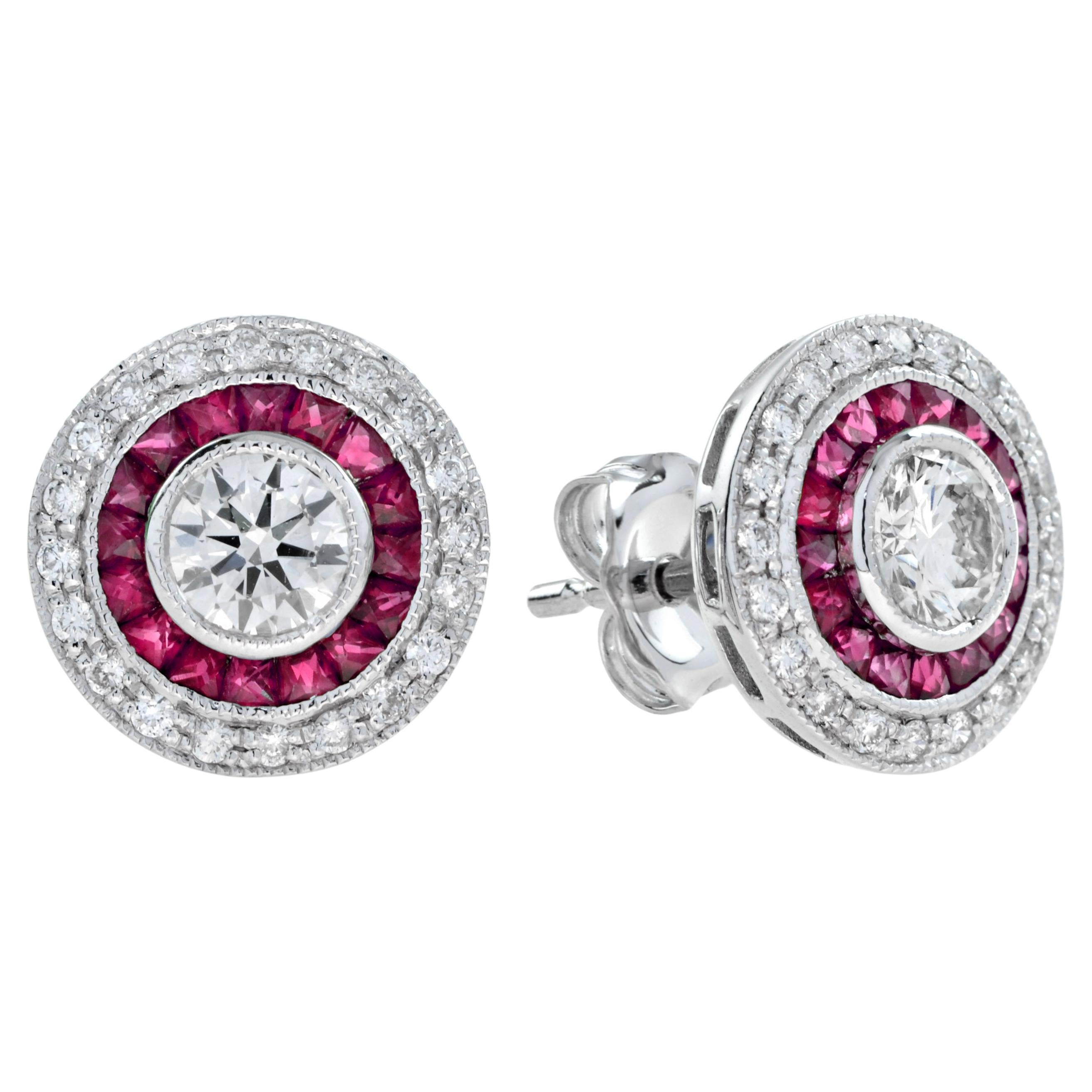 Art Deco Style 4.4 Round Diamond with Ruby Stud Earrings in 18K White Gold For Sale