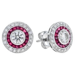 Art Deco Style 4.4 Round Diamond with Ruby Stud Earrings in 18K White Gold
