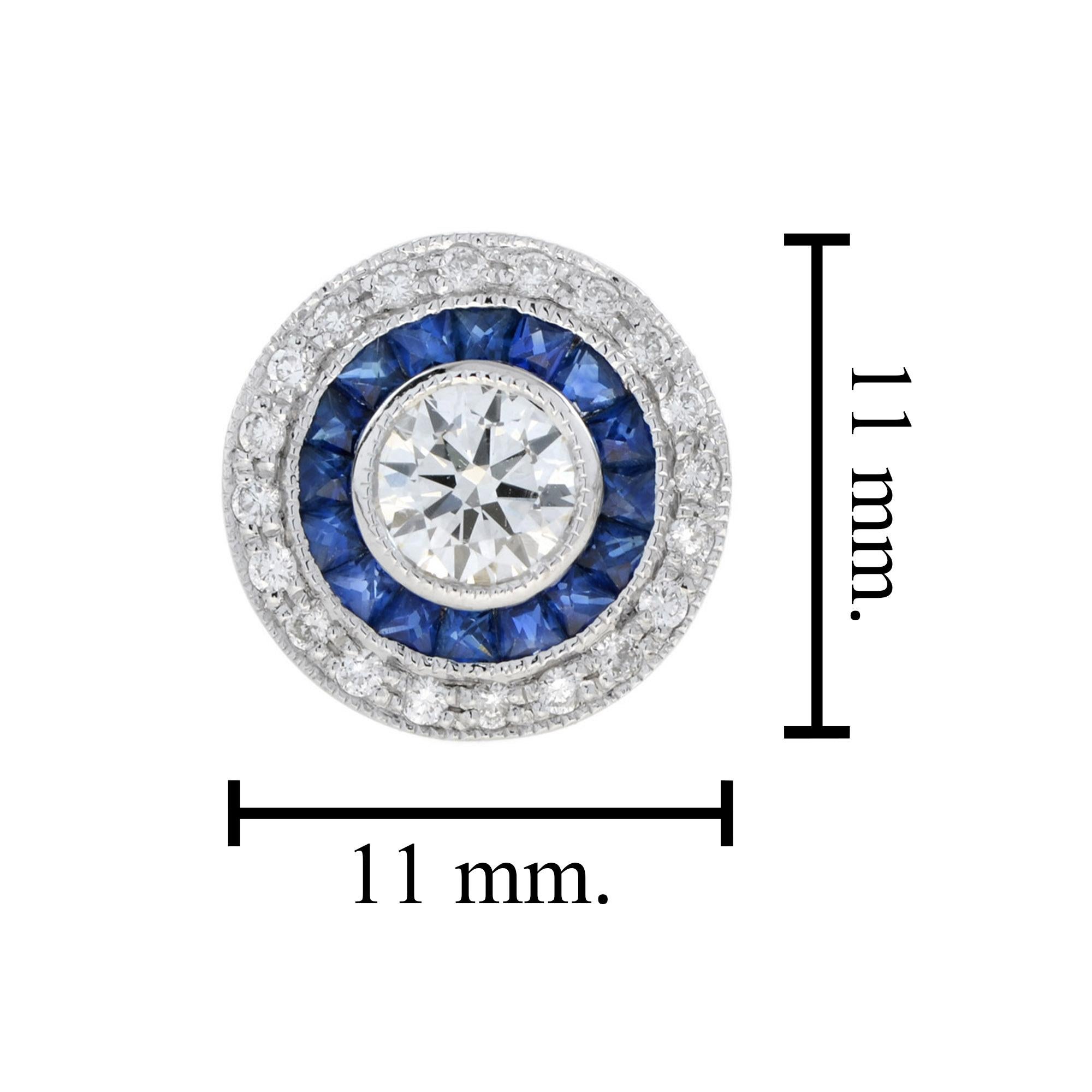 Round Cut Art Deco French Cut Sapphire and Diamond Stud Earrings in 18K White Gold