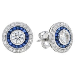 Art Deco French Cut Sapphire and Diamond Stud Earrings in 18K White Gold