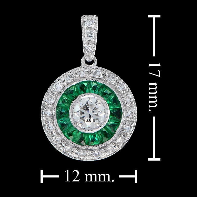 Art Deco Style Round Brilliant Diamond with Emerald Pendant in 18K White Gold 1