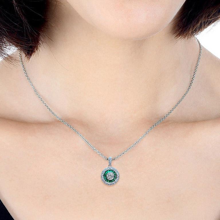 Art Deco Style Round Brilliant Diamond with Emerald Pendant in 18K White Gold 2
