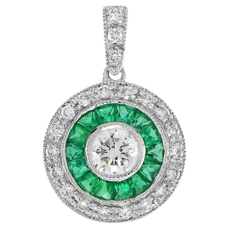 Art Deco Style Round Brilliant Diamond with Emerald Pendant in 18K White Gold