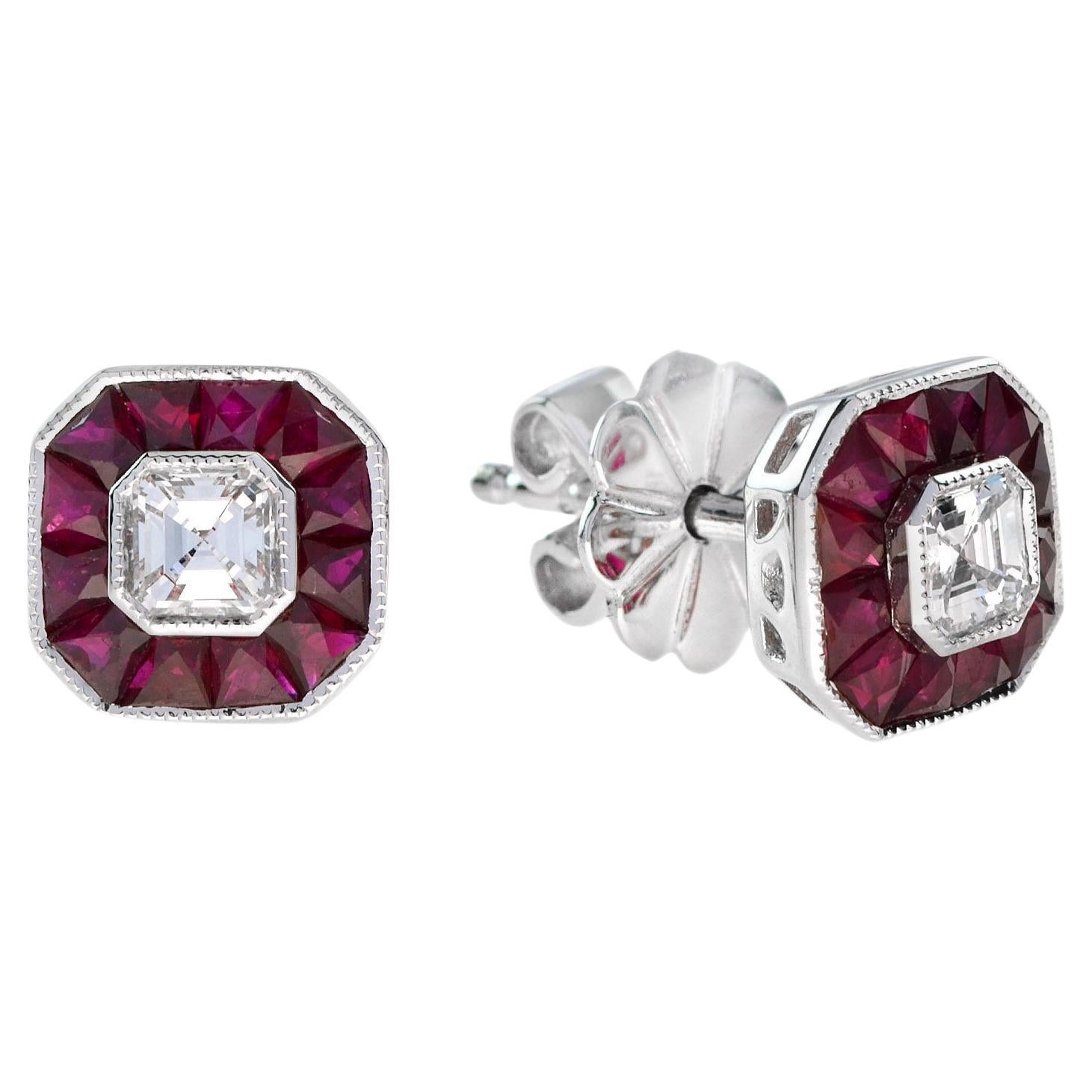 Nova Art Deco Style Diamond and French Cut Ruby Stud Earrings in 18K White Gold For Sale