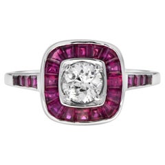 Bague de fiançailles de style Art déco en or blanc 18 carats avec diamants et rubis