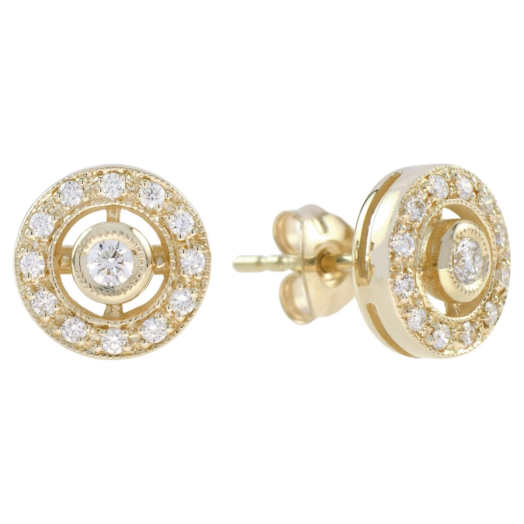 Nova Art Deco Style Diamond Target Earrings in 14K White Top Yellow Gold For Sale