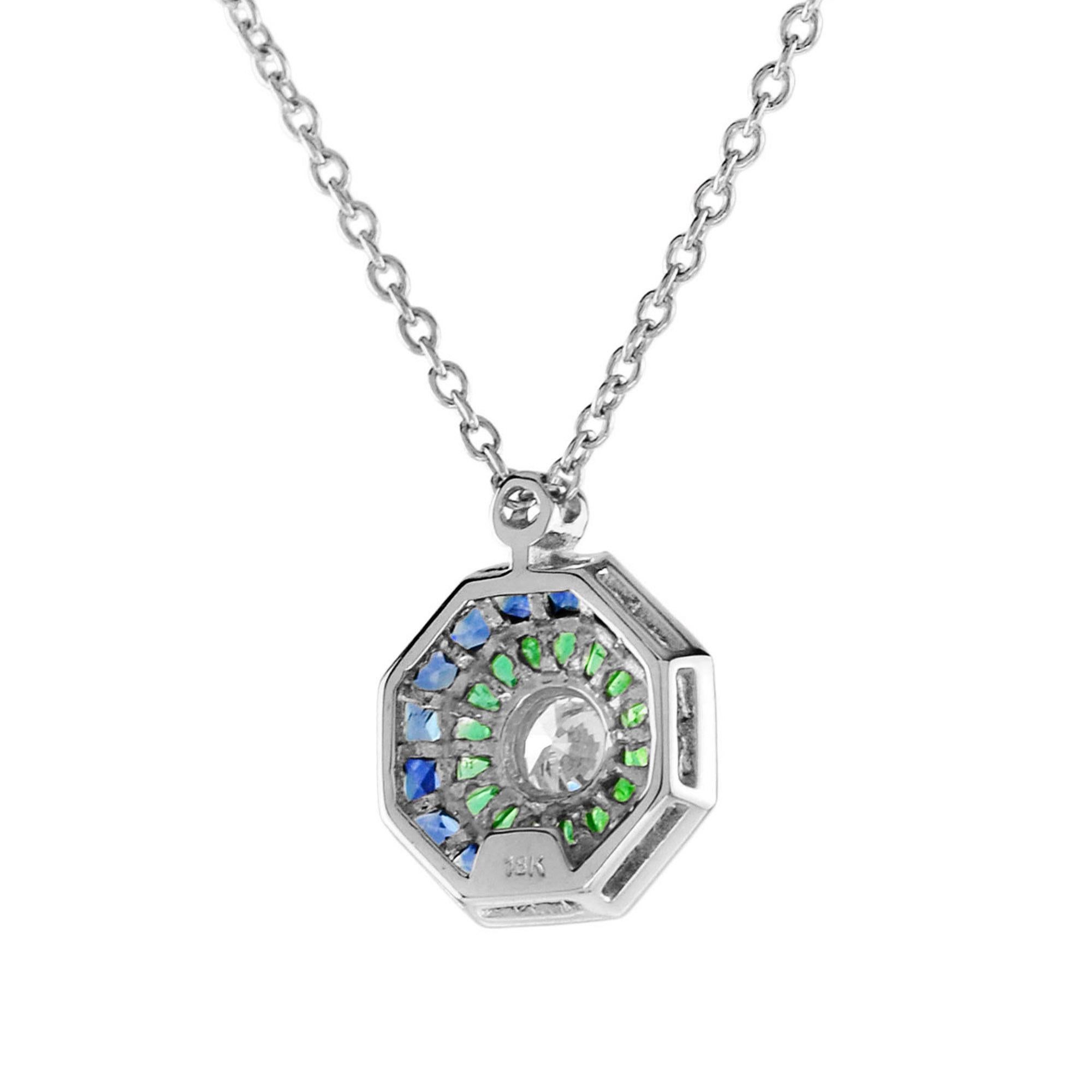 Round Cut Art Deco Style Diamond with Emerald and Sapphire Necklace in 18K White Gold For Sale