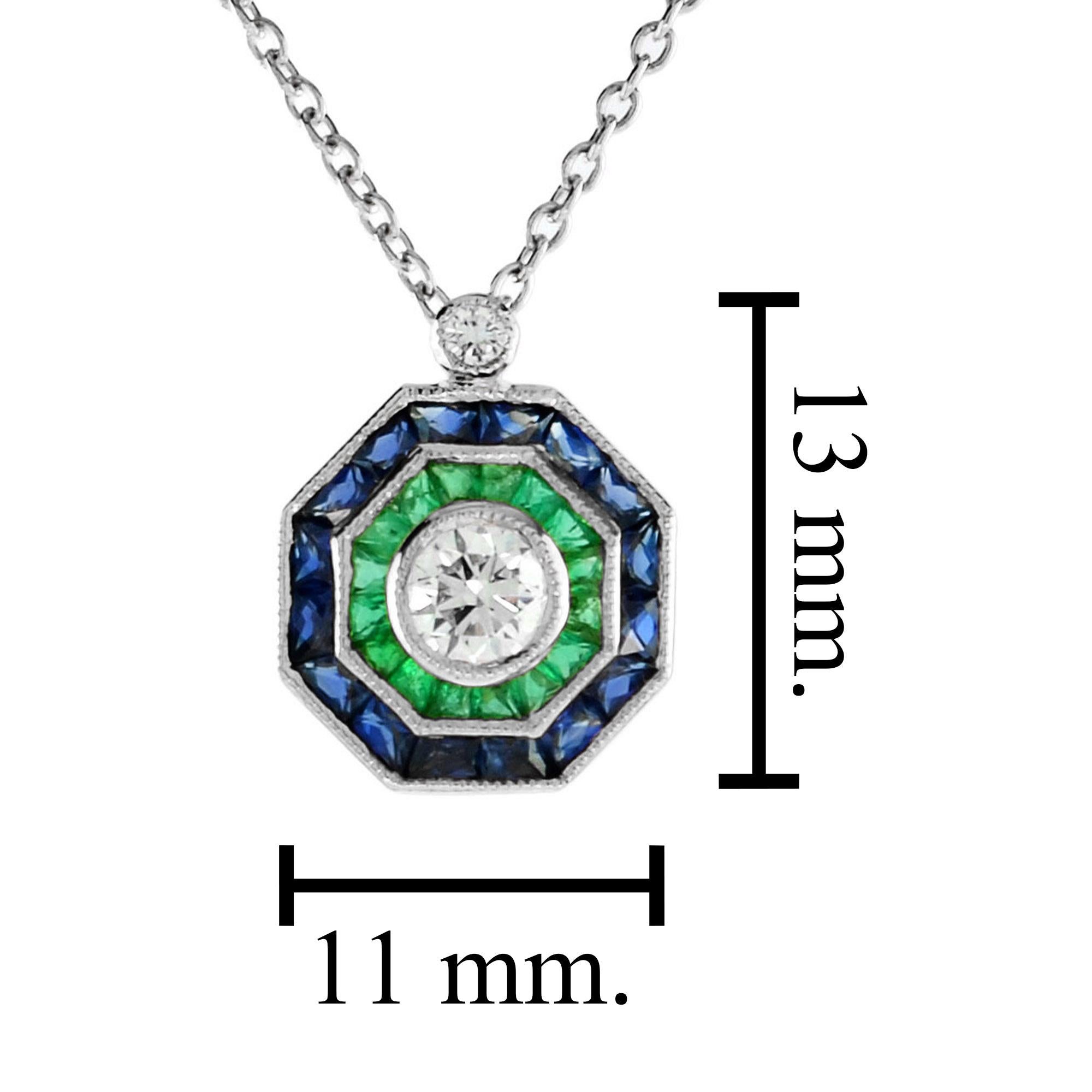 Art Deco Style Diamond with Emerald and Sapphire Necklace in 18K White Gold In New Condition For Sale In Bangkok, TH