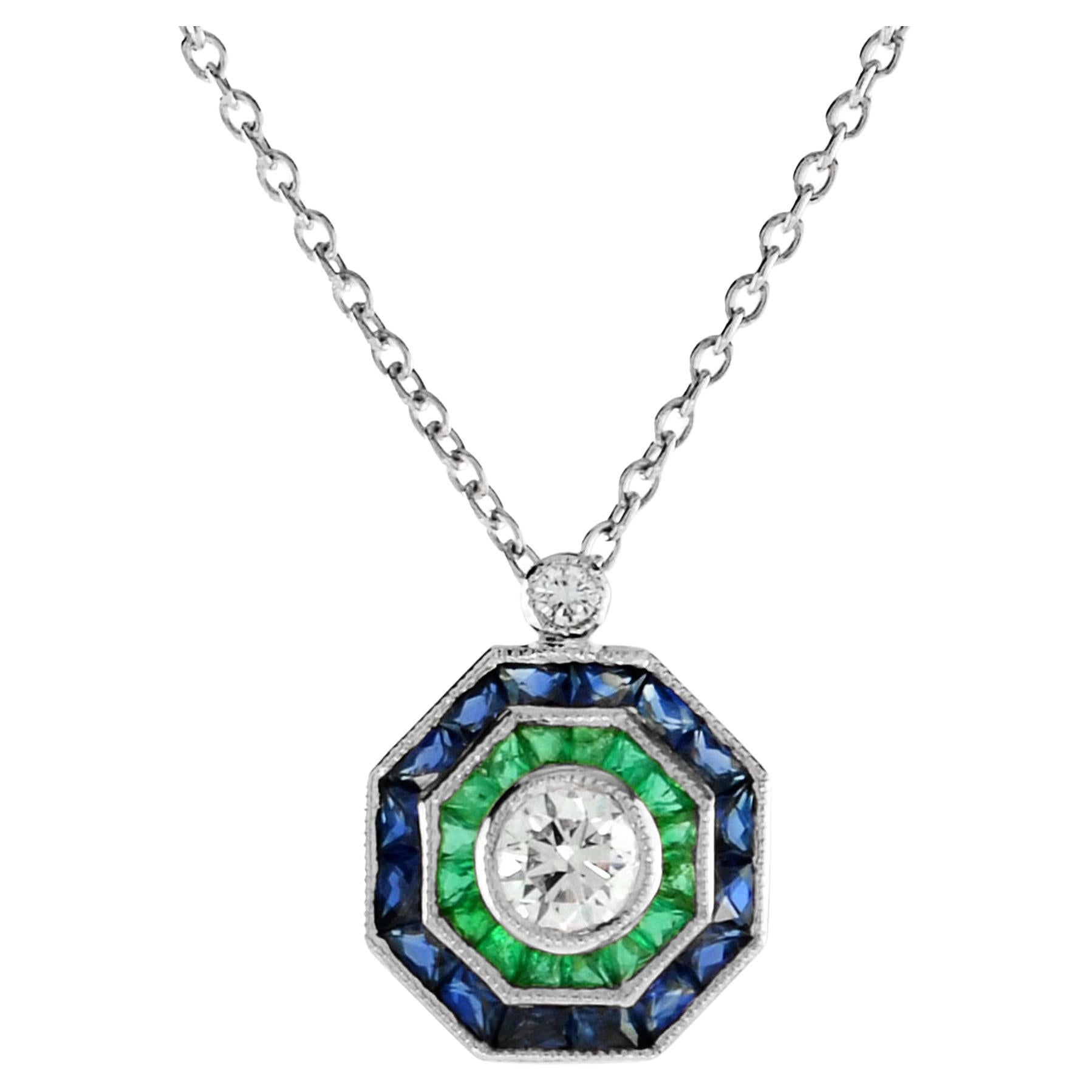 Art Deco Style Diamond with Emerald and Sapphire Necklace in 18K White Gold For Sale