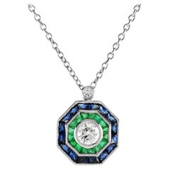 Art Deco Style Diamond with Emerald and Sapphire Necklace in 18K White Gold