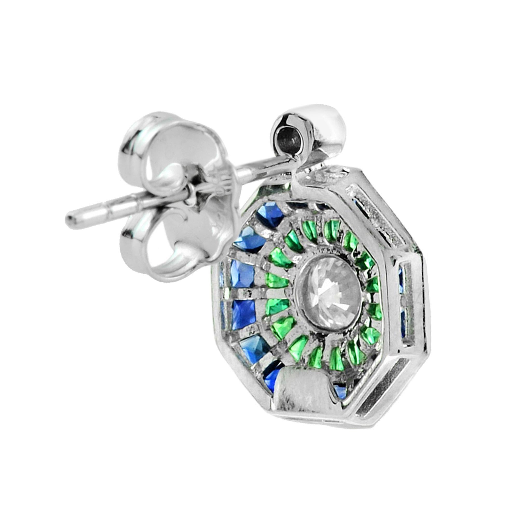 Round Cut Nova Art Deco Style Diamond with Emerald and Sapphire Stud Earrings in 18K Gold For Sale