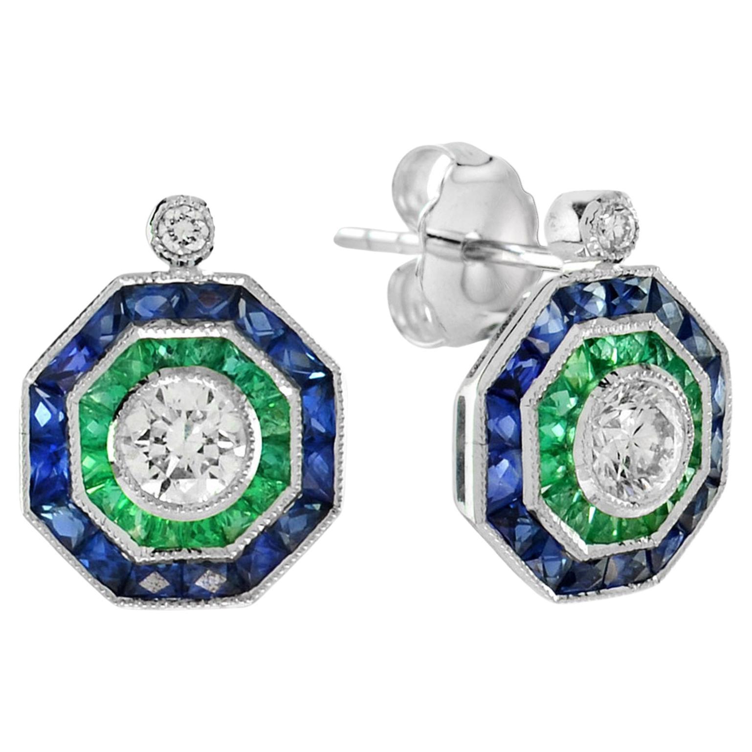 Nova Art Deco Style Diamond with Emerald and Sapphire Stud Earrings in 18K Gold For Sale