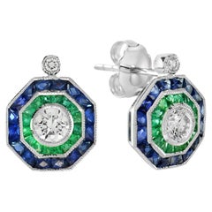 Nova Art Deco Style Diamond with Emerald and Sapphire Stud Earrings in 18K Gold