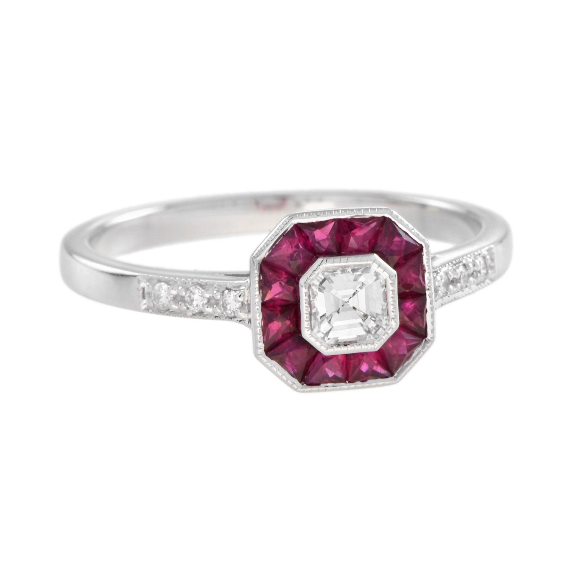 For Sale:  Nova Art Deco Style Emerald Cut Diamond and Ruby Target Ring in 14K White Gold 3