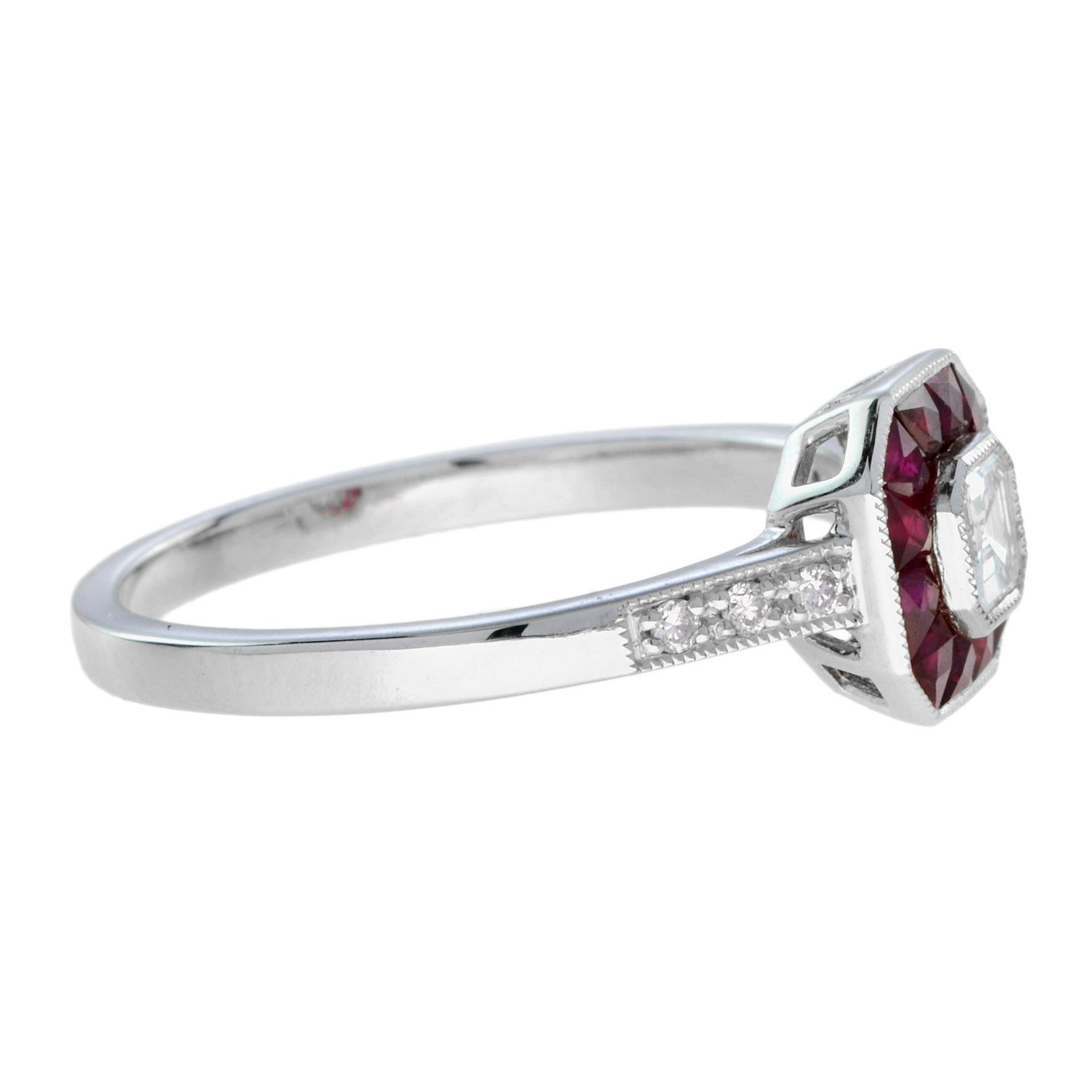 For Sale:  Nova Art Deco Style Emerald Cut Diamond and Ruby Target Ring in 14K White Gold 4