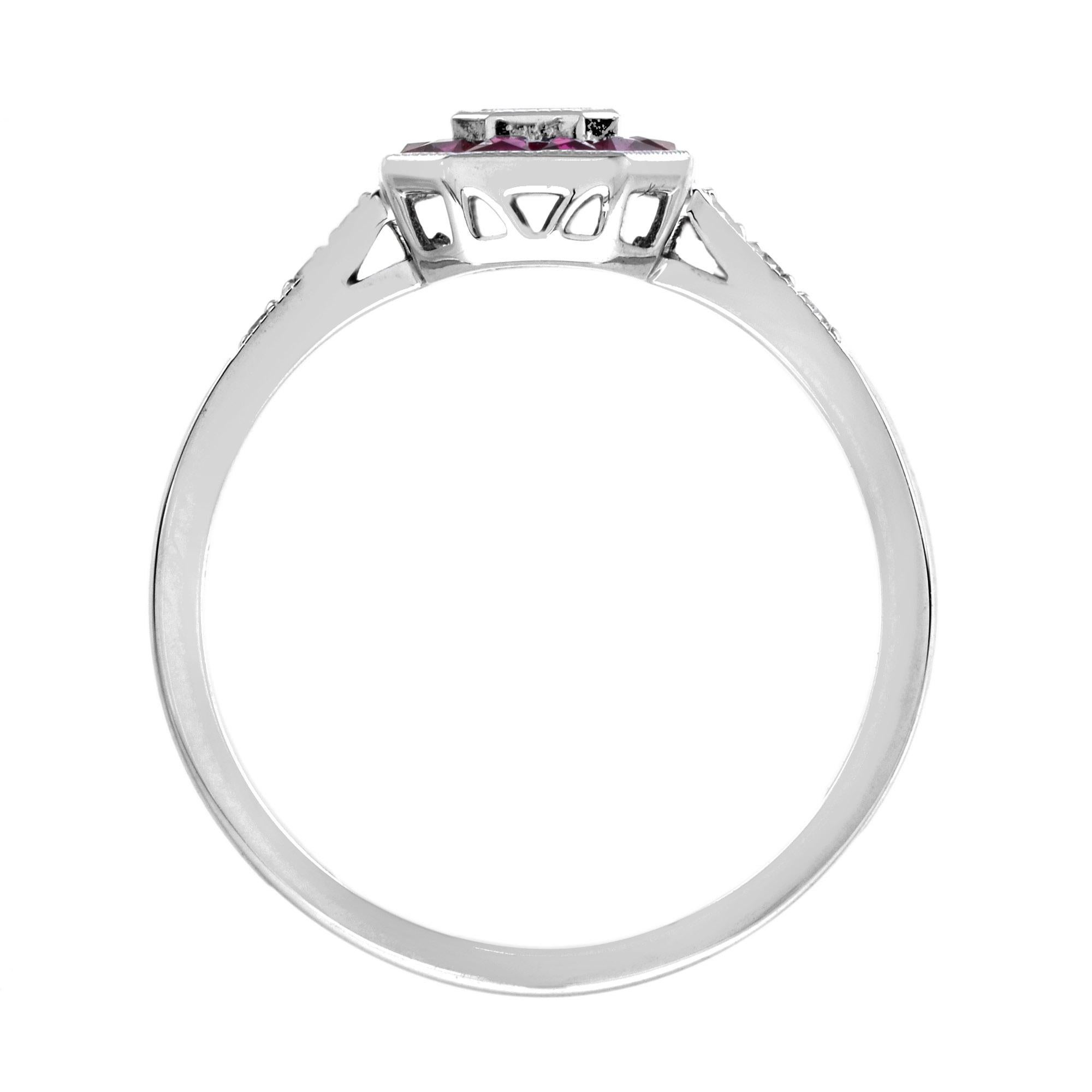 For Sale:  Nova Art Deco Style Emerald Cut Diamond and Ruby Target Ring in 14K White Gold 6