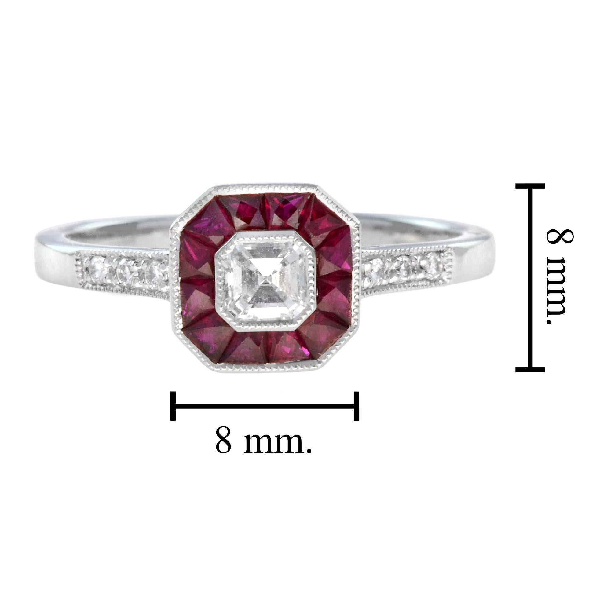 For Sale:  Nova Art Deco Style Emerald Cut Diamond and Ruby Target Ring in 14K White Gold 7