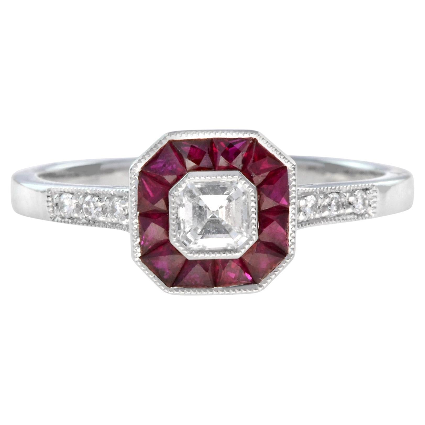 Nova Art Deco Style Emerald Cut Diamond and Ruby Target Ring in 14K White Gold