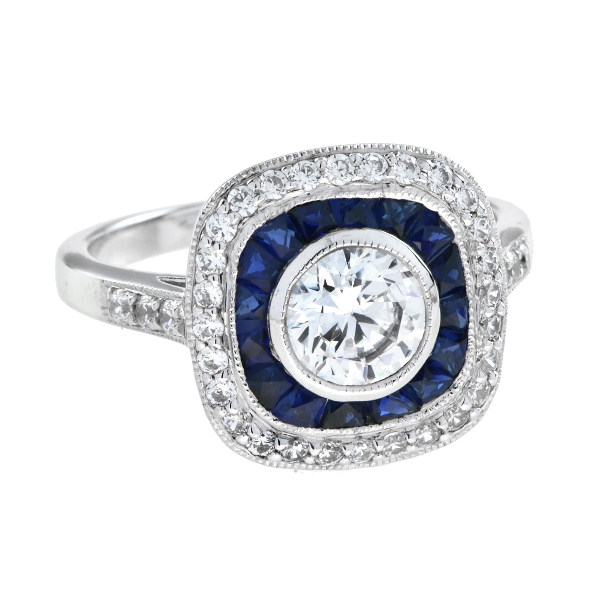 For Sale:  Art Deco Style Round Diamond and Sapphire Cushion Target Ring 18K Gold 3