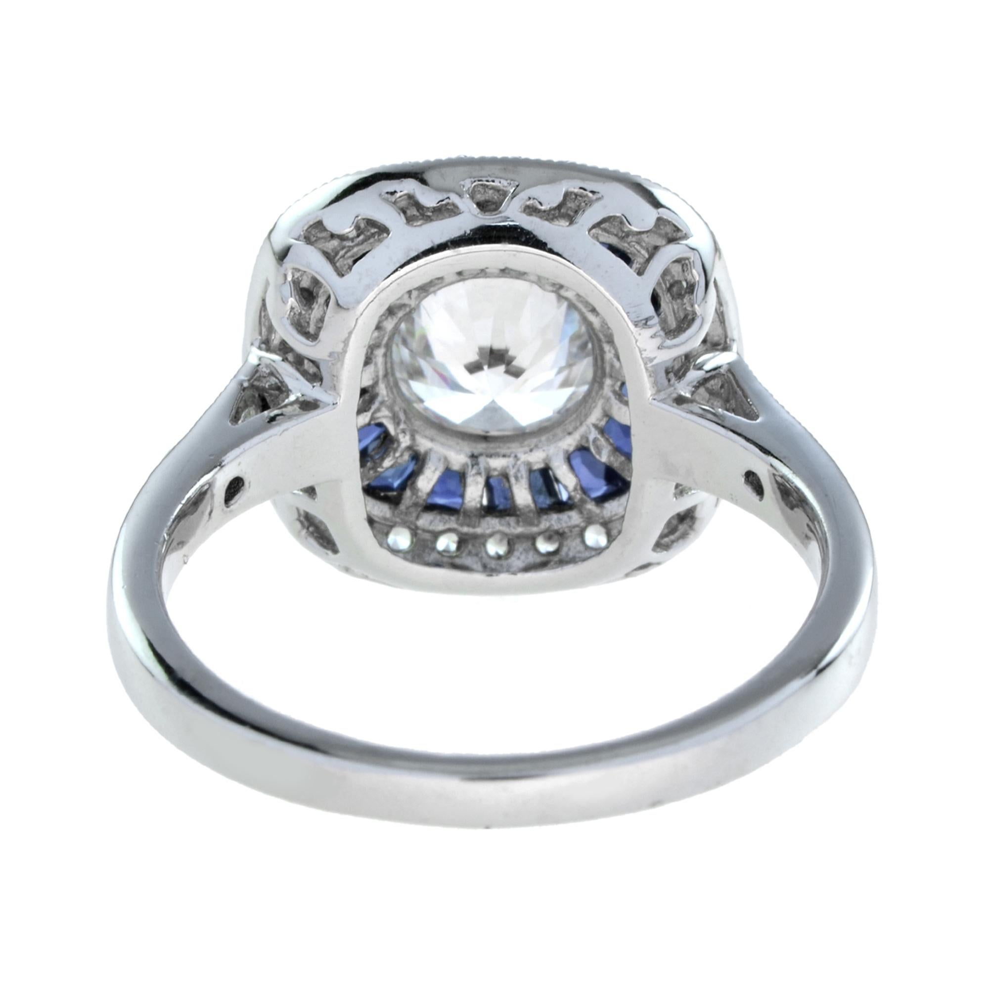 For Sale:  Art Deco Style Round Diamond and Sapphire Cushion Target Ring 18K Gold 5