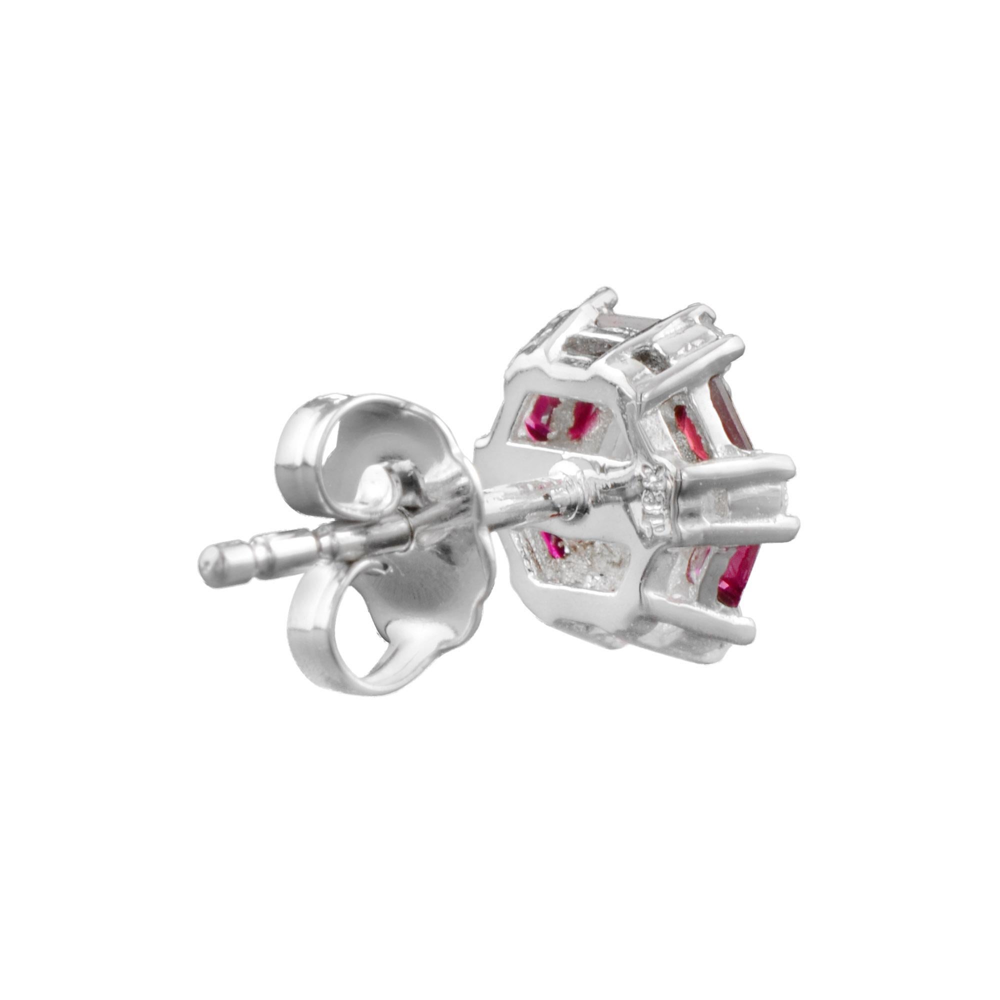 Round Cut Diamond and Ruby Cluster Earrings in 14K White Gold For Sale 1
