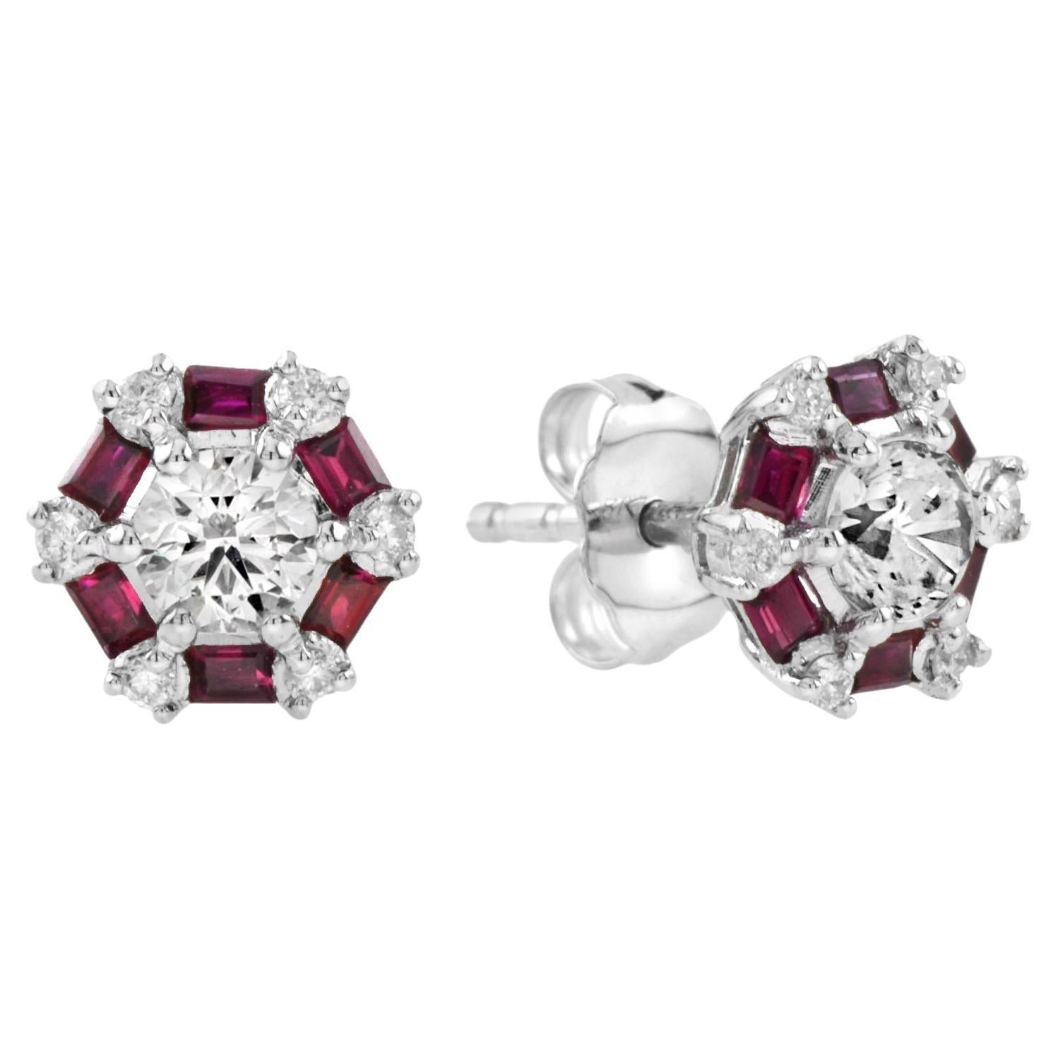 Round Cut Diamond and Ruby Cluster Earrings in 14K White Gold