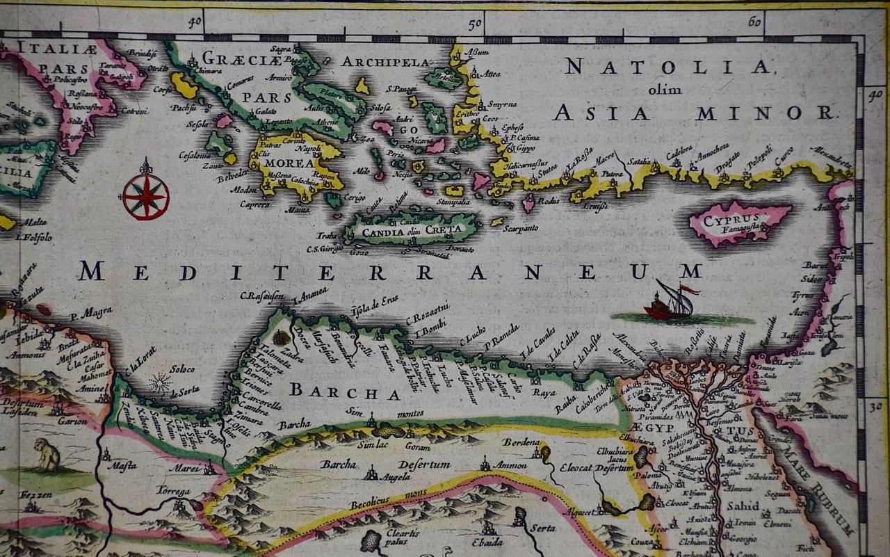 „Nova Barbariae Descriptio“, eine handkolorierte nordafrikanische Karte aus dem 17. Jahrhundert (Papier) im Angebot
