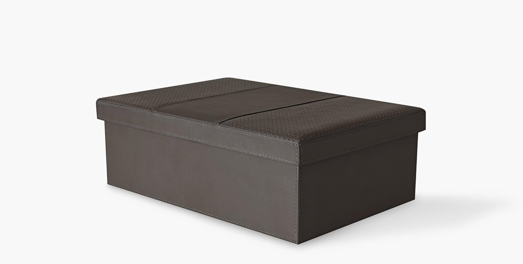 Our Nova Boxes feature a perforated leather lid detail and tonal lining, providing a functional accent in your home office. Our handcrafted fabrics, leathers, and finishes are inspired by the natural variations within fibers, textures, and weaves.