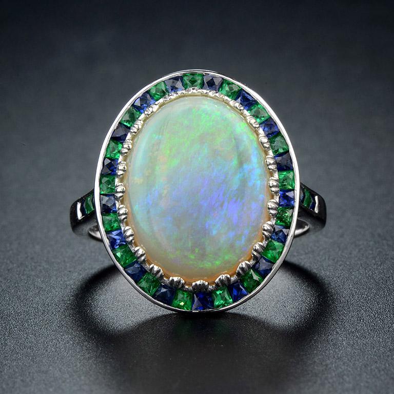 For Sale:  Nova Cabochon Opal with Emerald and Sapphire Cocktail Ring in 18K White Gold 3