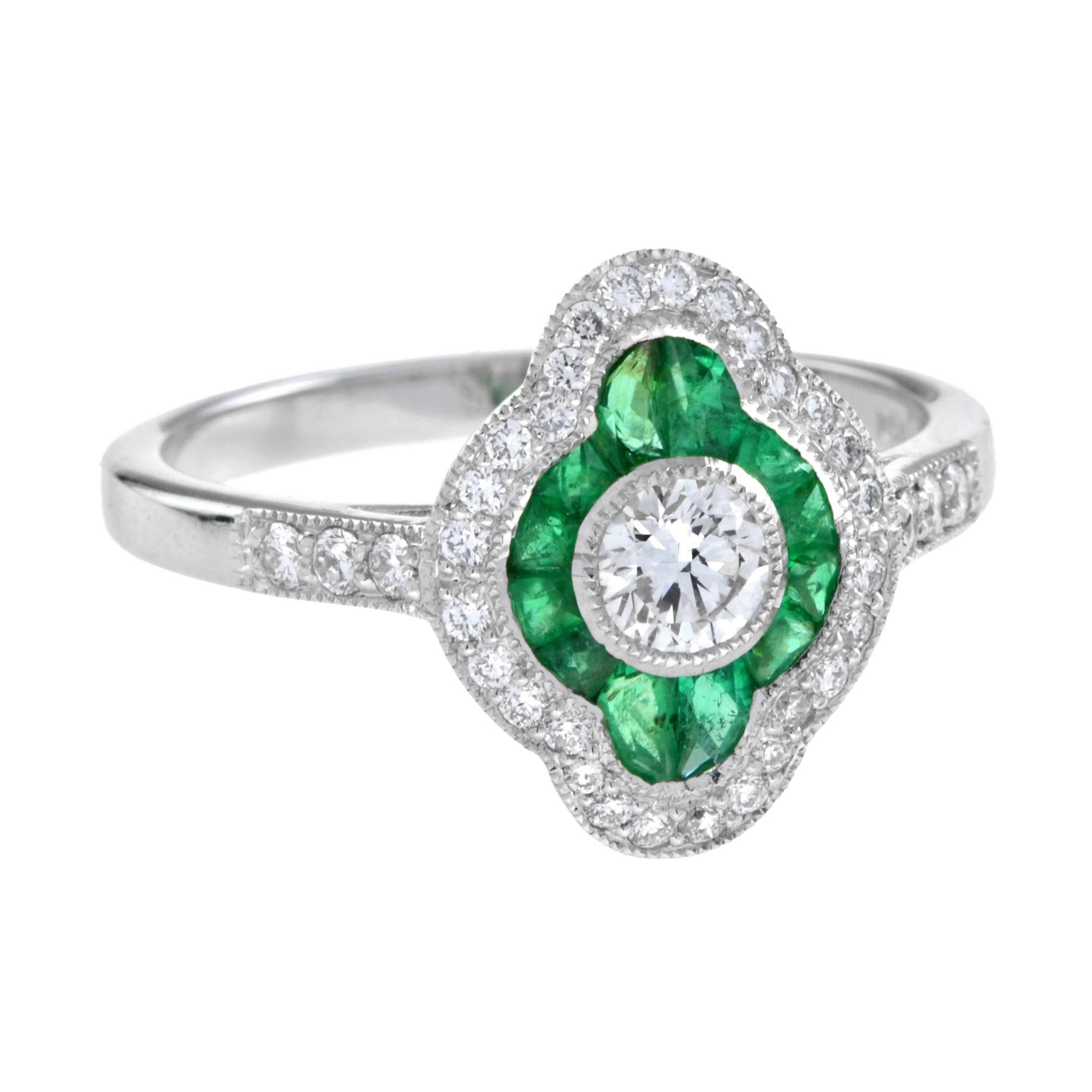 For Sale:  Art Deco Style Diamond and Emerald Engagement Ring in 18K White Gold 2