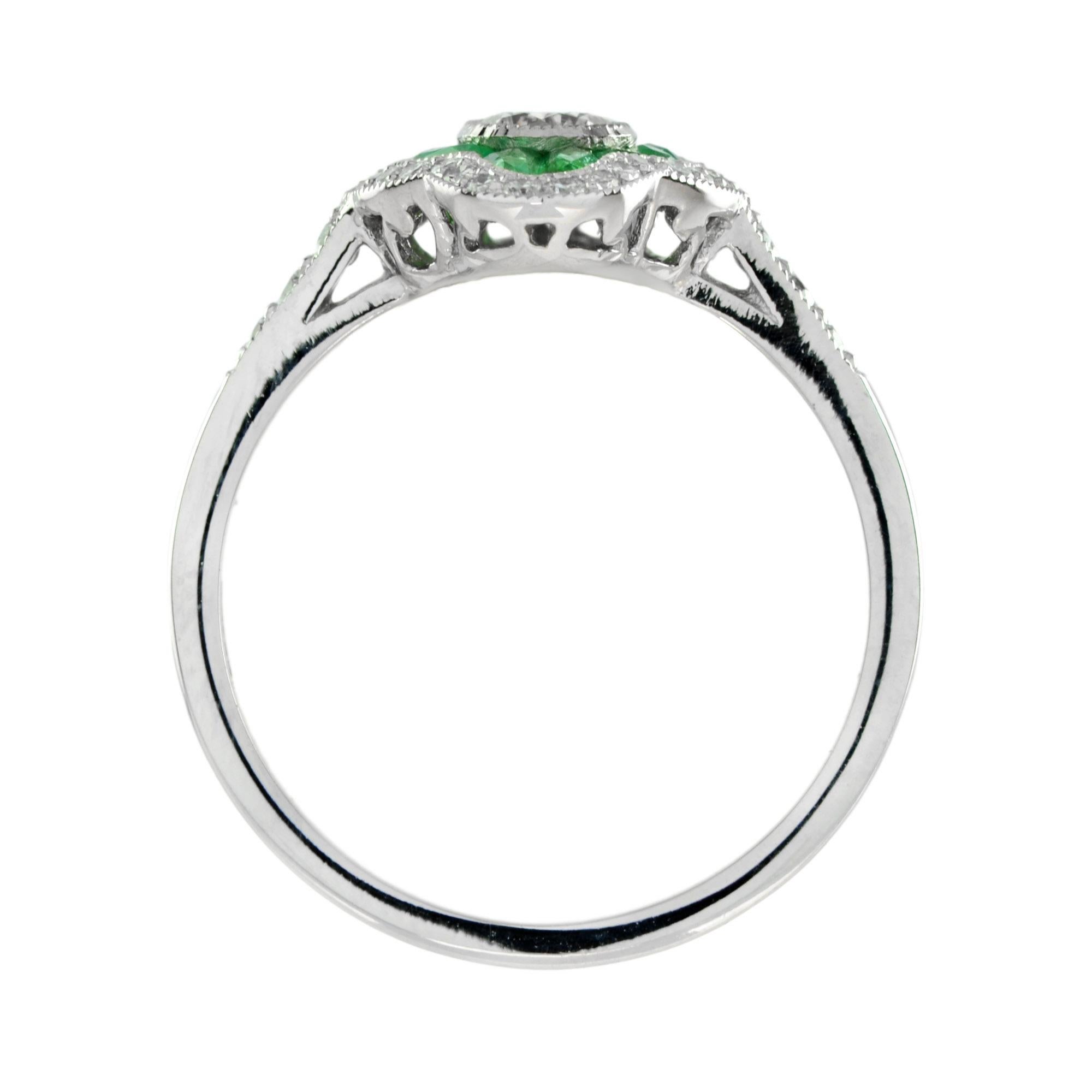 For Sale:  Art Deco Style Diamond and Emerald Engagement Ring in 18K White Gold 6