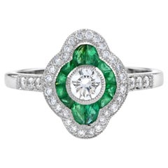 Nova Curve Art Deco Style Diamond and Emerald Engagement Ring in 18K White Gold