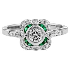 Nova Cushion Art Deco Style Diamond with Emerald Engagement Ring in Platinum