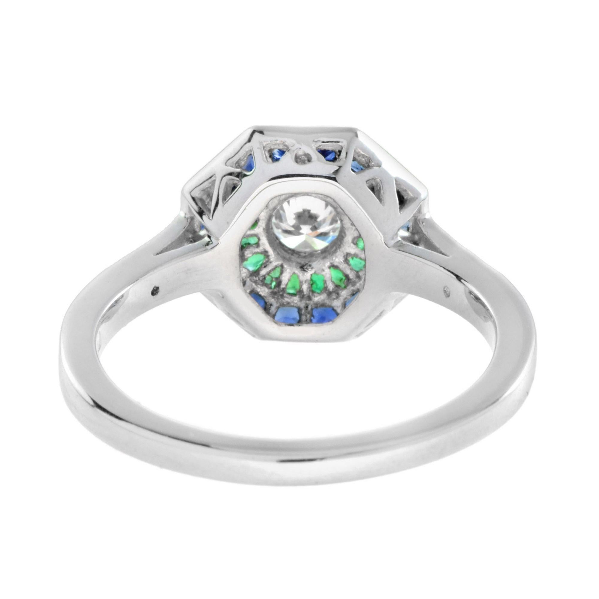 For Sale:  Diamond with Emerald and Sapphire Double Halo Ring in Platinum 5
