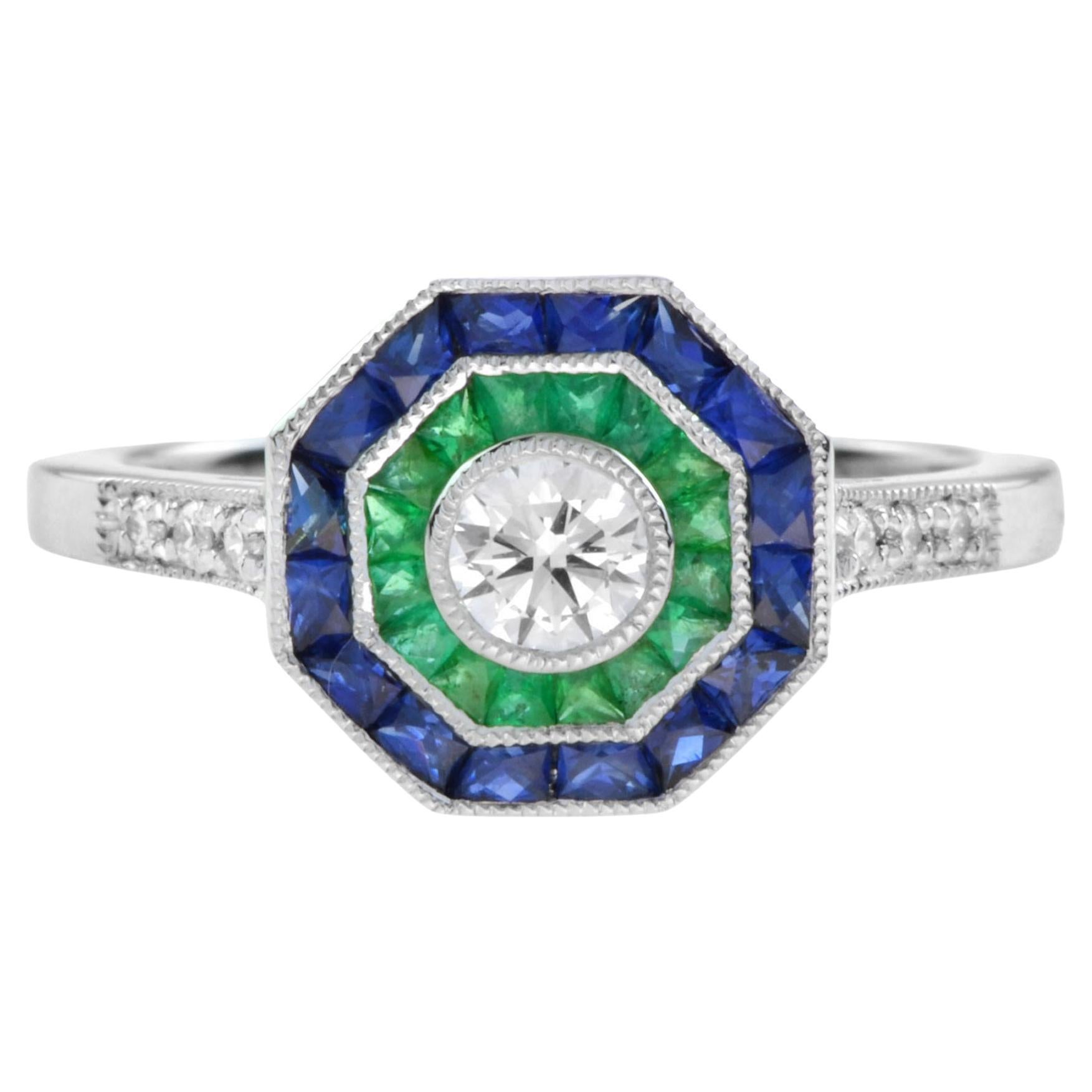 Diamant-Ring aus Platin mit Smaragd und Saphir mit doppeltem Halo-Halo