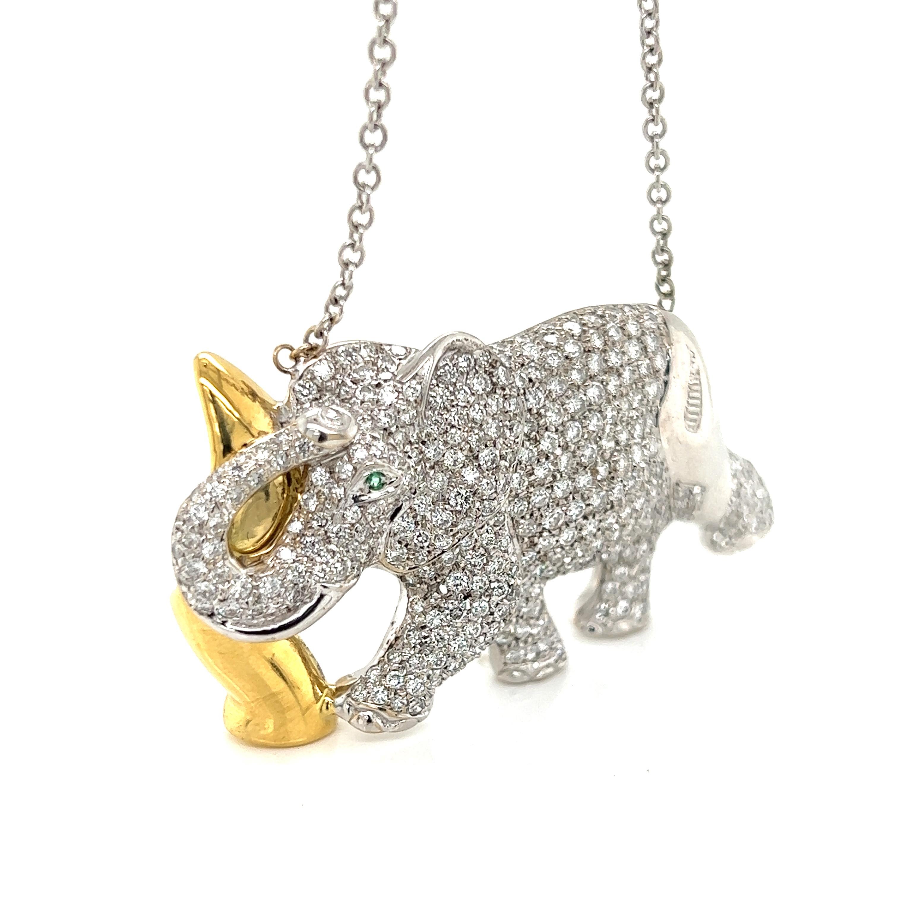 Brilliant Cut Nova Diamonds & Emerald 18k Two Tone Gold Elephant Pendant Necklace  For Sale