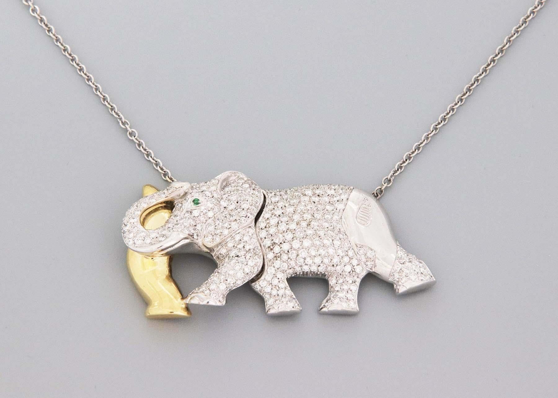 Women's Nova Diamonds & Emerald 18k Two Tone Gold Elephant Pendant Necklace  For Sale