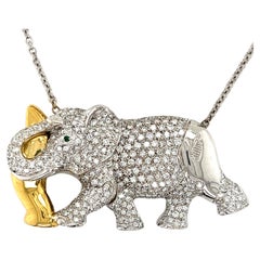 Vintage Nova Diamonds & Emerald 18k Two Tone Gold Elephant Pendant Necklace 