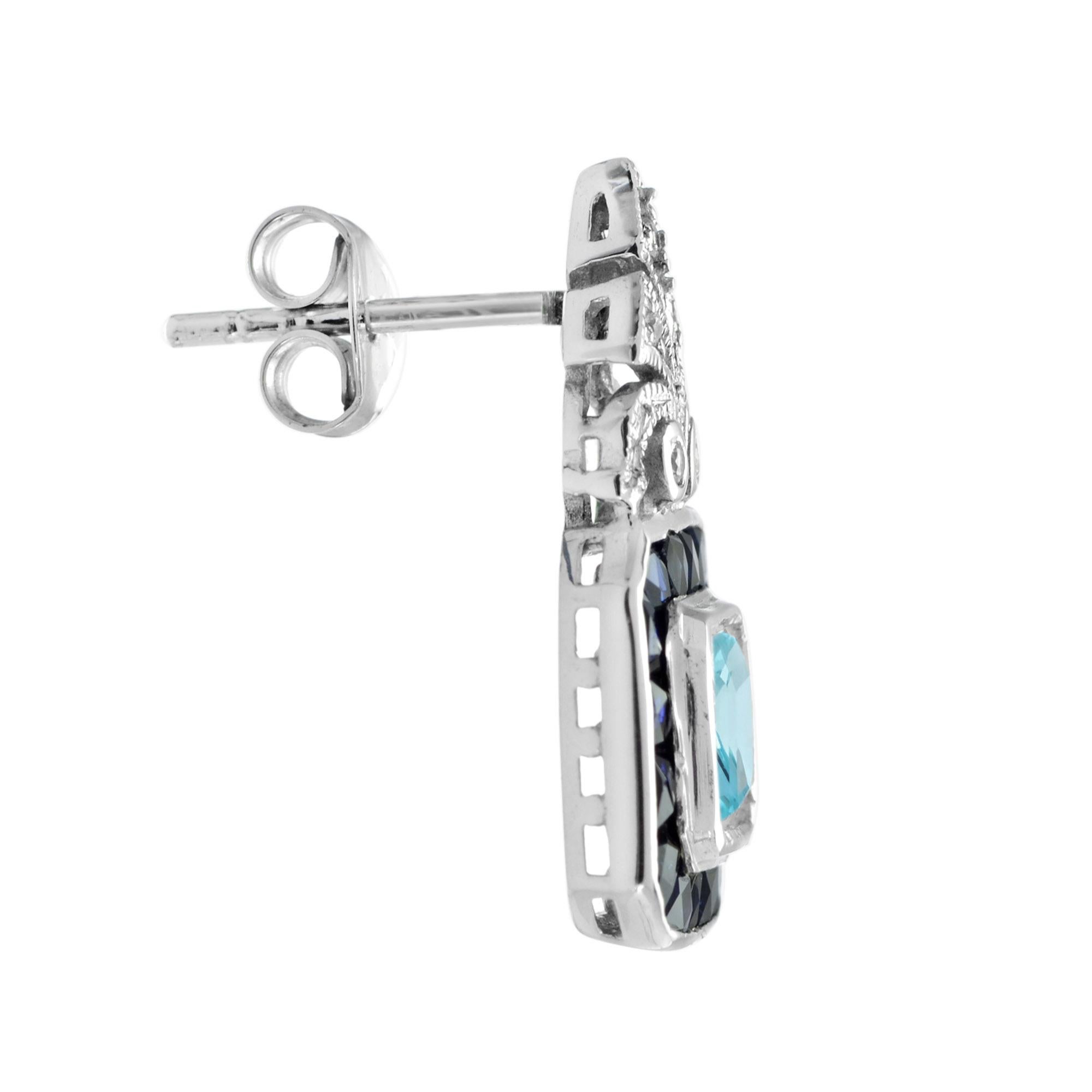 Art Deco Emerald Cut Aquamarine with Sapphire and Diamond Drop Earrings in 18K Gold For Sale