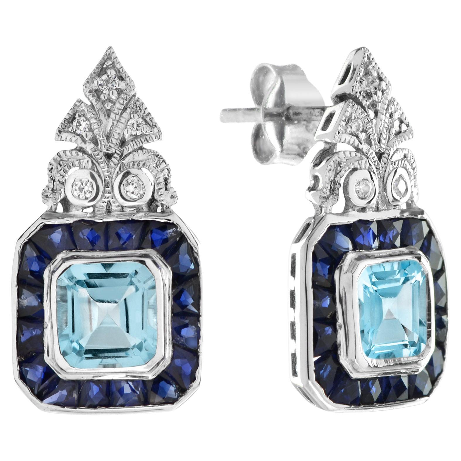 Emerald Cut Aquamarine with Sapphire and Diamond Drop Earrings in 18K Gold
