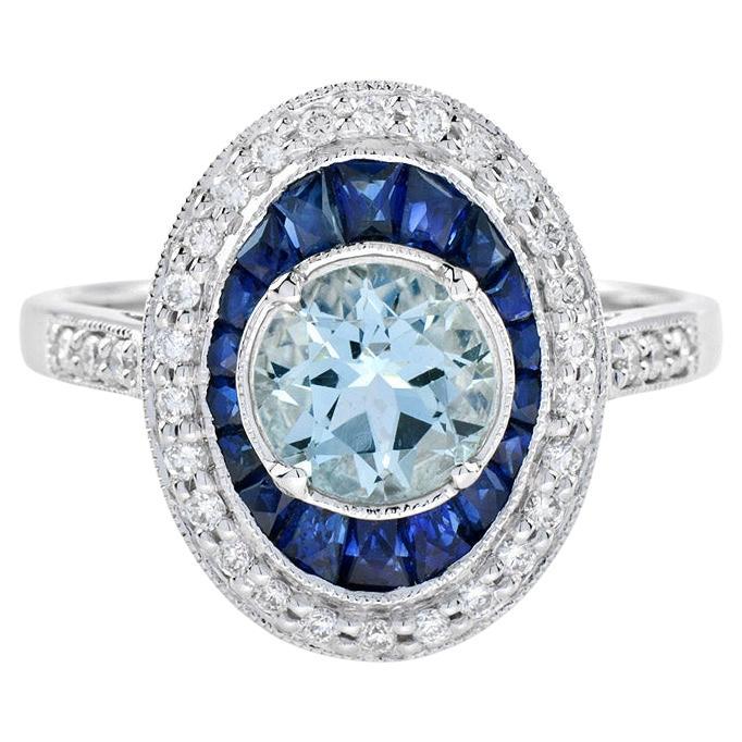 Round Aquamarine with Sapphire and Diamond Art Deco Style Engagement Ring 