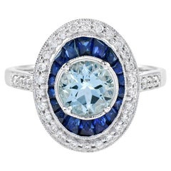 Runder Aquamarin mit Saphir und Diamant Verlobungsring im Art Deco Stil 