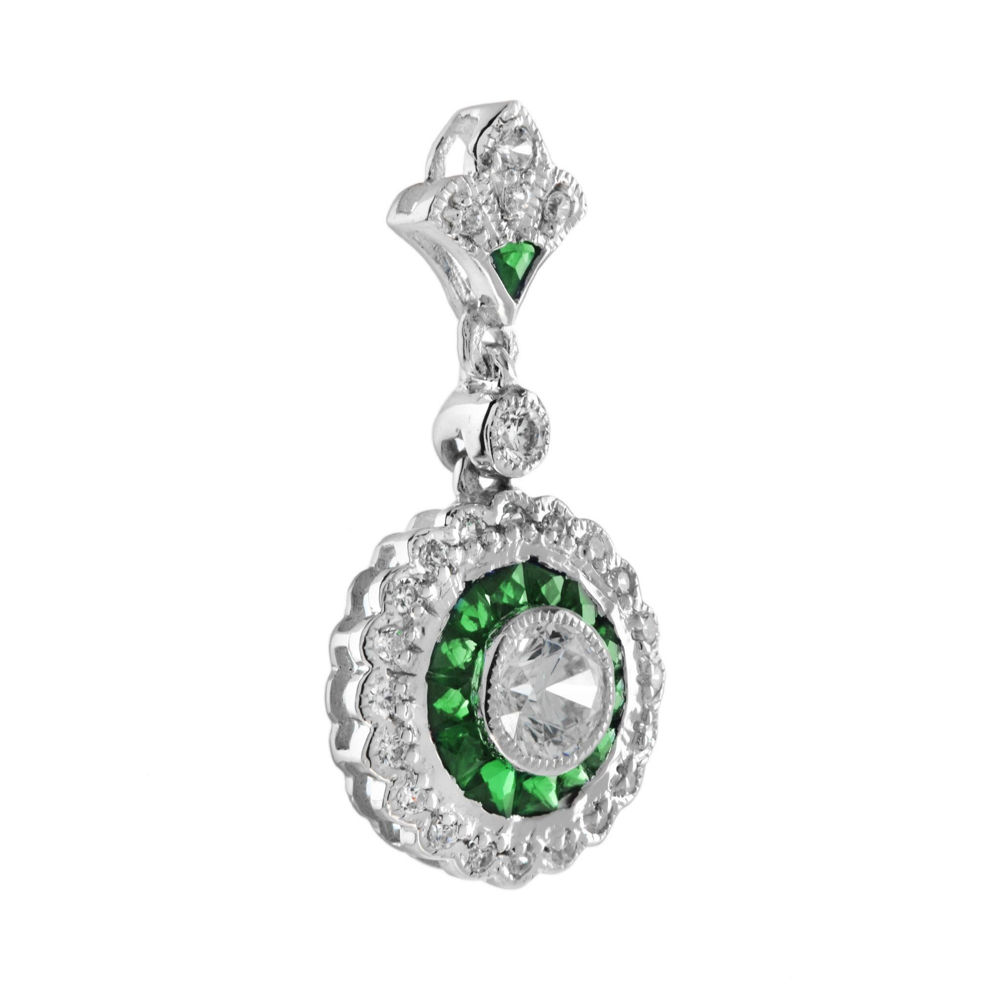 Round Cut Diamond and Emerald Long Wavy Trim Art Deco Style Pendant in 18K White Gold For Sale