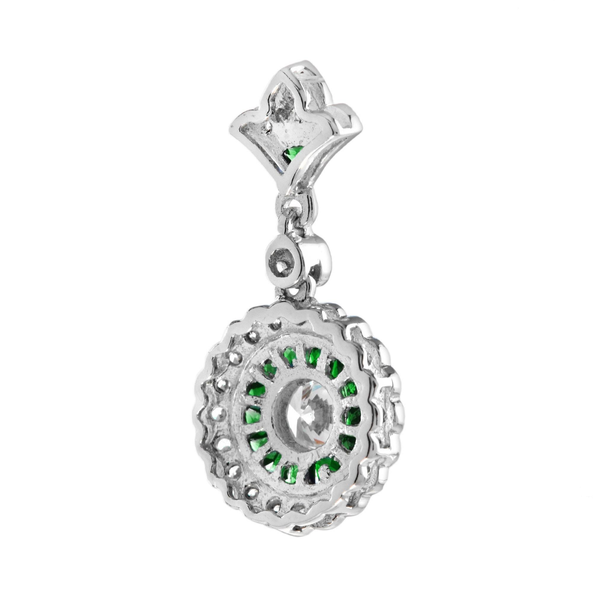 Diamond and Emerald Long Wavy Trim Art Deco Style Pendant in 18K White Gold In New Condition For Sale In Bangkok, TH
