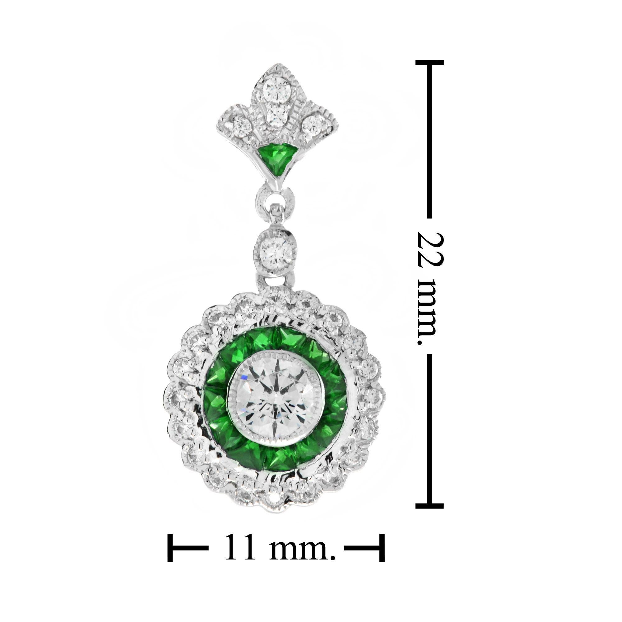 Women's Diamond and Emerald Long Wavy Trim Art Deco Style Pendant in 18K White Gold For Sale