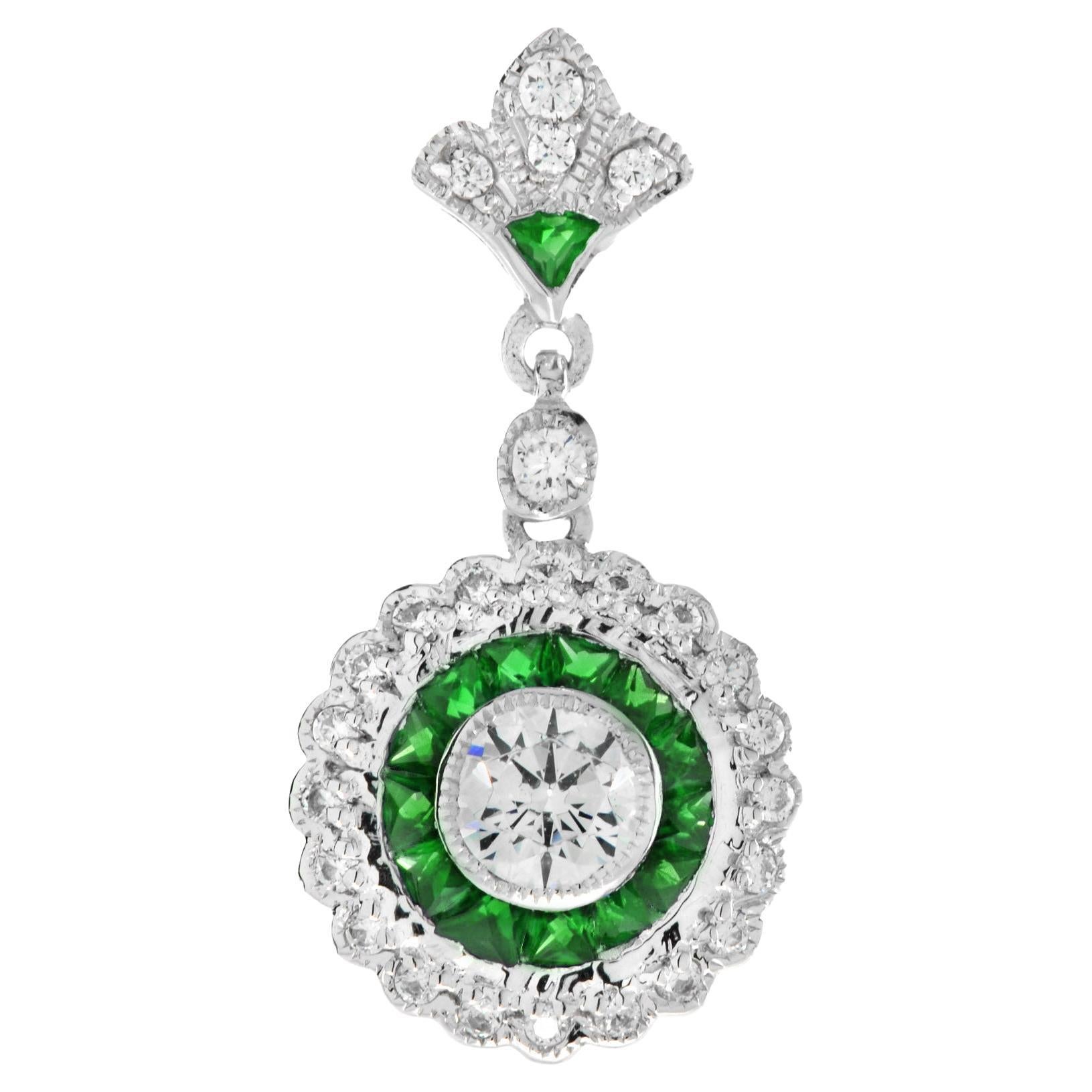 Diamond and Emerald Long Wavy Trim Art Deco Style Pendant in 18K White Gold For Sale